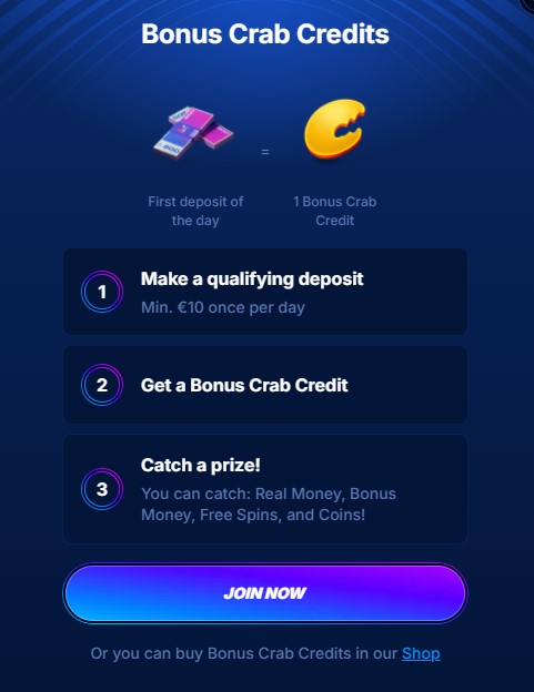 Boomerang Casino Bonus Shop and Bonus Crab loyalty game screen