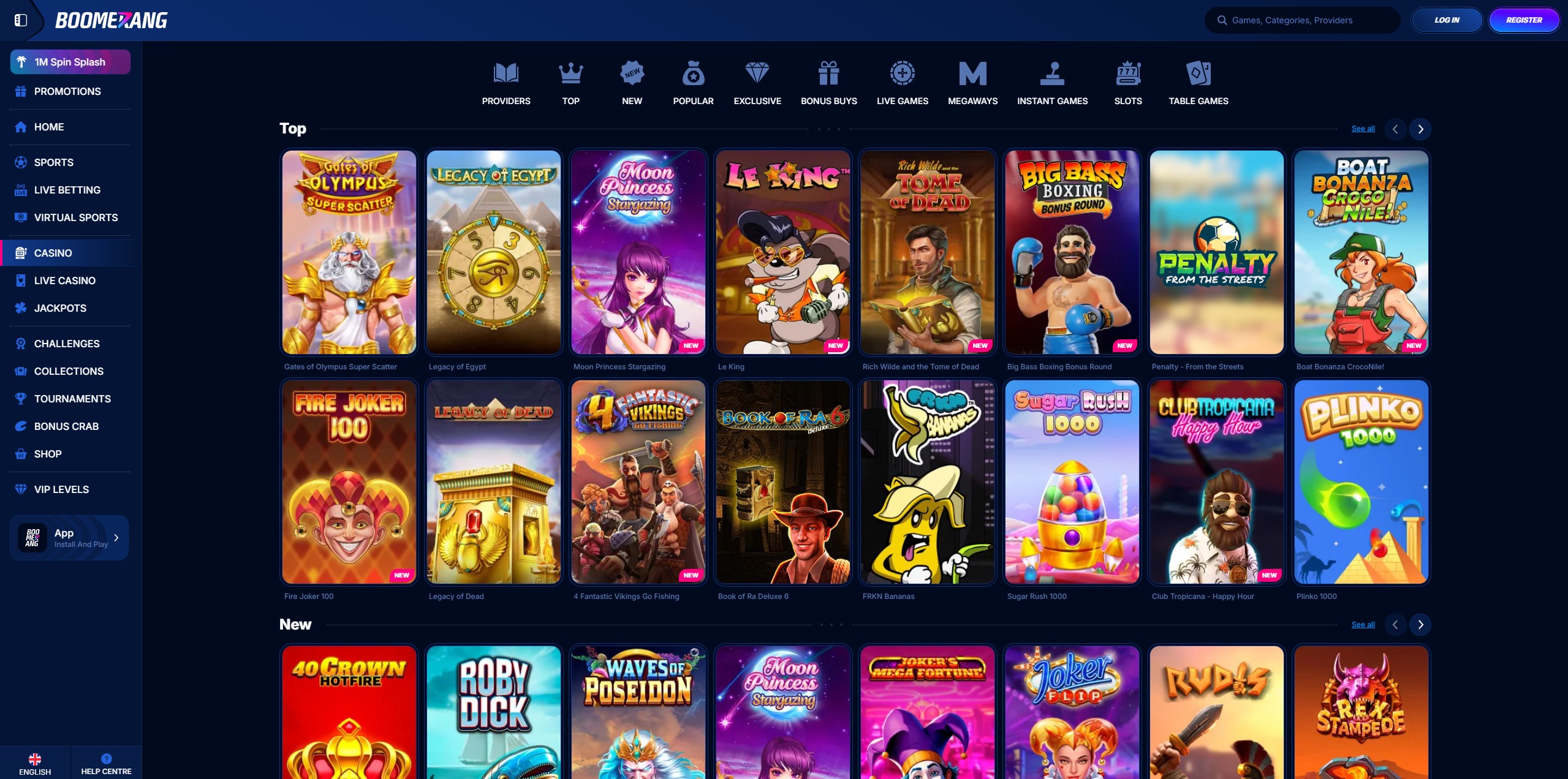 Boomerang Casino games lobby with slot and live dealer categories