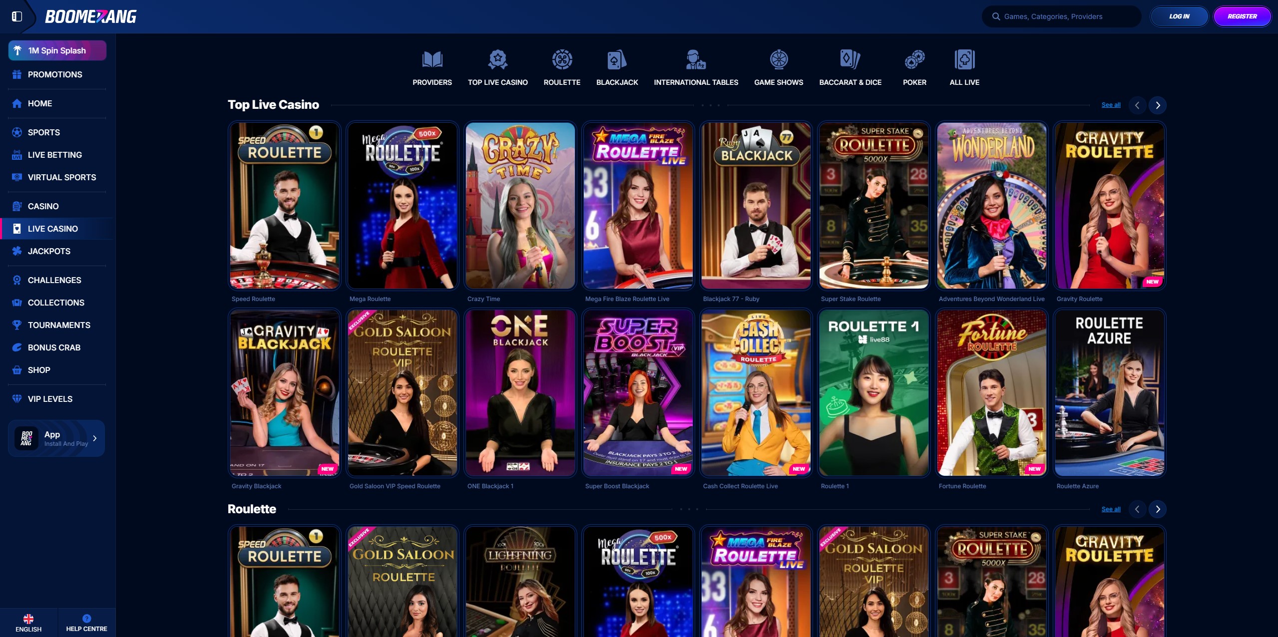 Boomerang Casino live dealer table with roulette wheel and jackpot counter