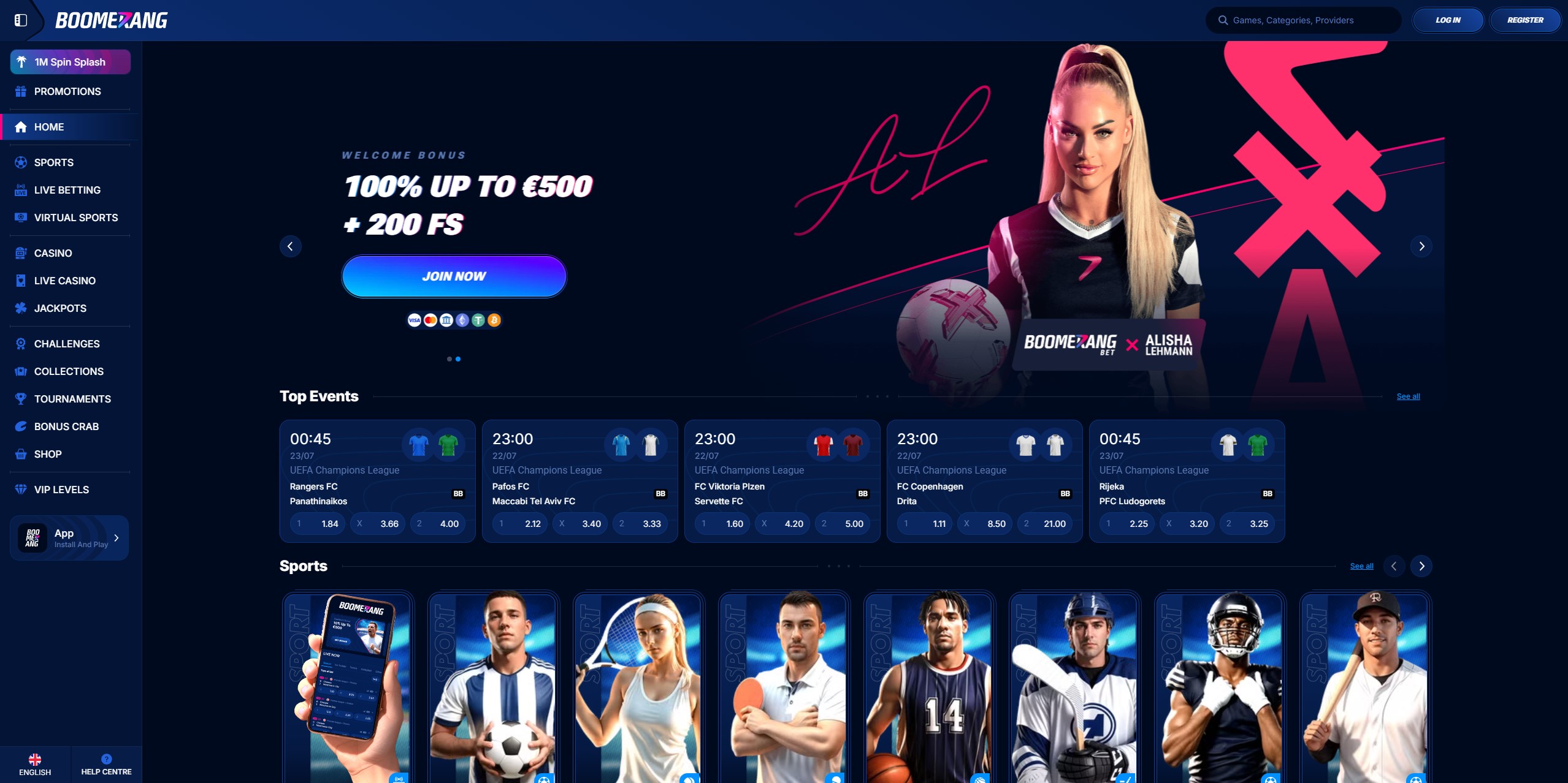 Boomerang Casino main lobby interface showing games and navigation