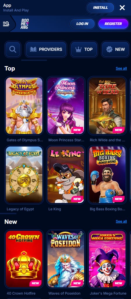 Boomerang Casino running on a mobile phone browser
