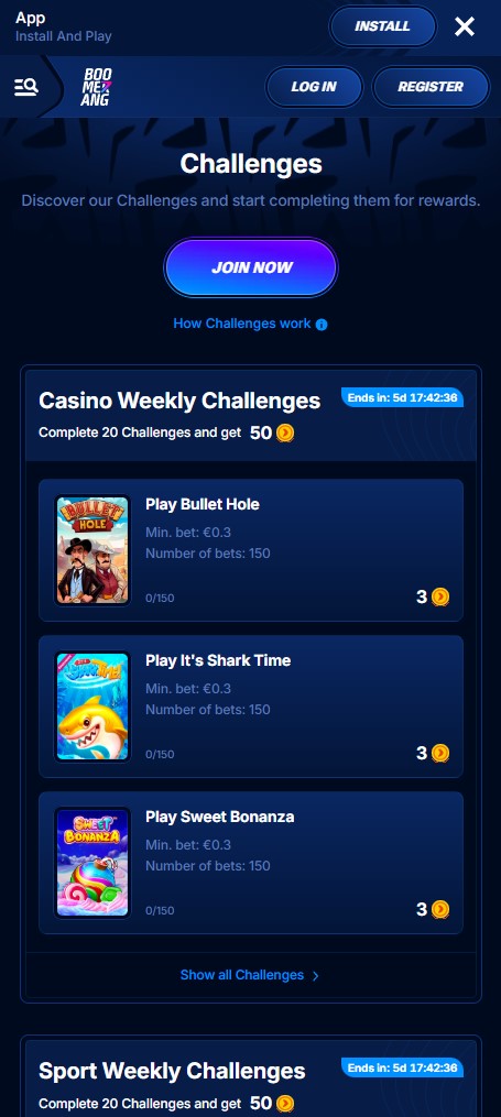 Mobile account and cashier screen at Boomerang Casino
