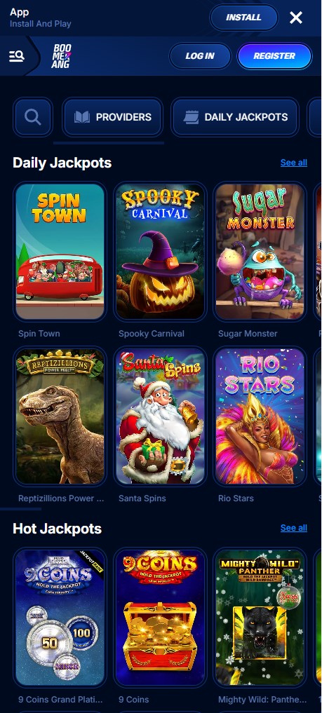Jackpot slots displayed on a mobile screen at Boomerang Casino
