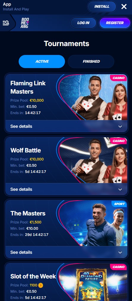 Boomerang Casino mobile app running on a phone in Ireland